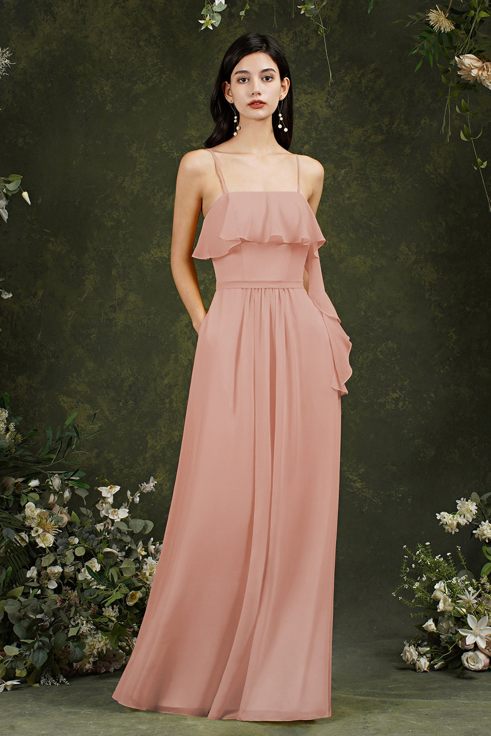 Spaghetti-Straps Bridesmaid Dress Chiffon With Pockets Ruffles-Babyonlines