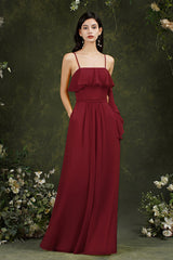 Spaghetti-Straps Bridesmaid Dress Chiffon With Pockets Ruffles-Babyonlines