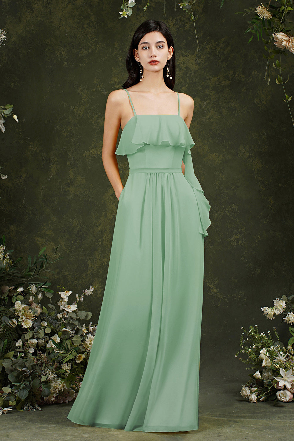 Spaghetti-Straps Bridesmaid Dress Chiffon With Pockets Ruffles-Babyonlines