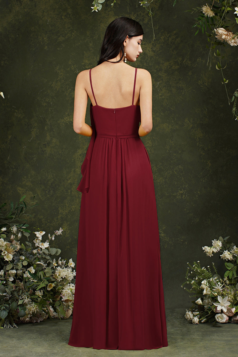 Spaghetti-Straps Bridesmaid Dress Chiffon With Pockets Ruffles-Babyonlines