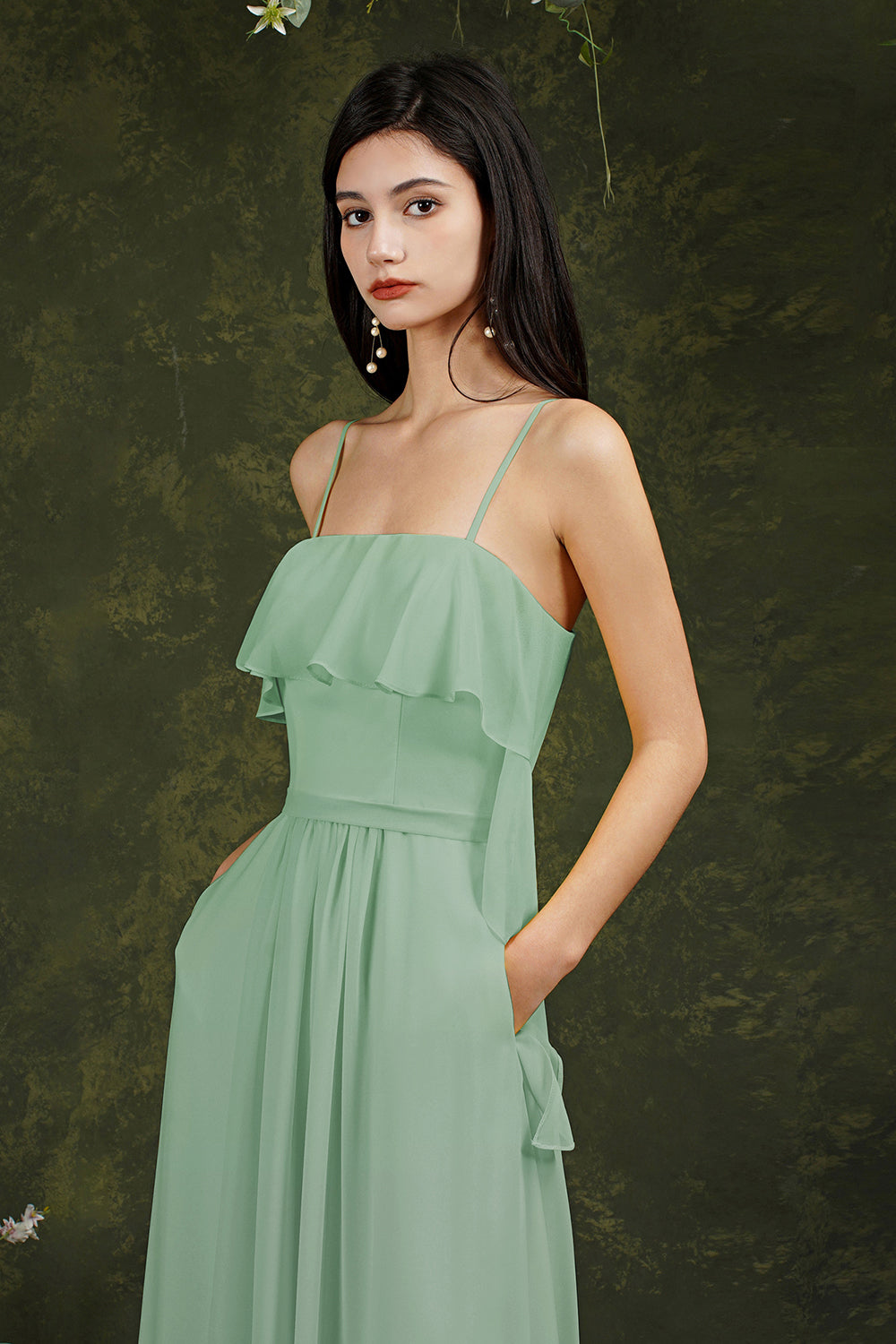 Spaghetti-Straps Bridesmaid Dress Chiffon With Pockets Ruffles-Babyonlines
