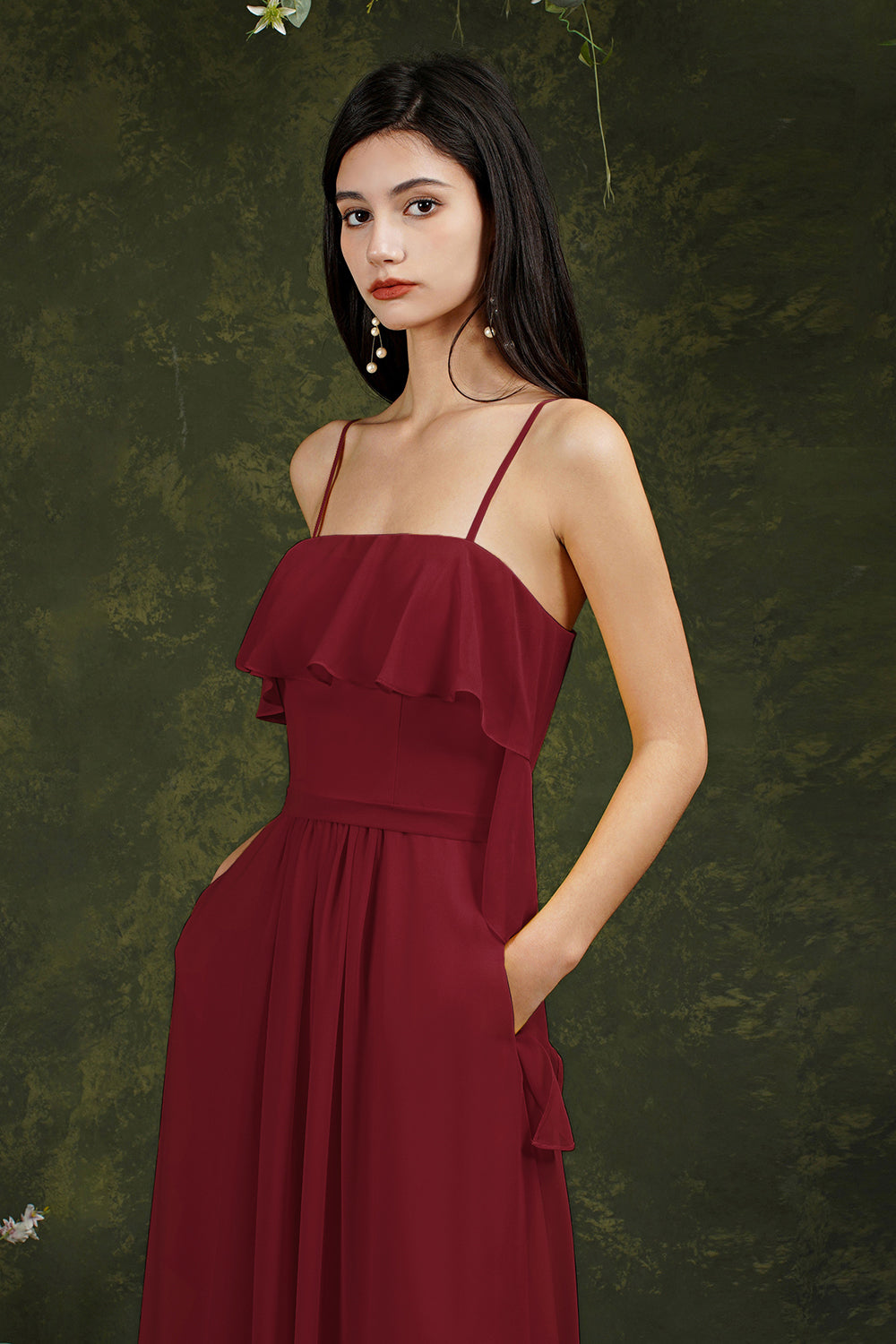 Spaghetti-Straps Bridesmaid Dress Chiffon With Pockets Ruffles-Babyonlines