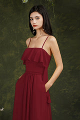 Spaghetti-Straps Bridesmaid Dress Chiffon With Pockets Ruffles-Babyonlines