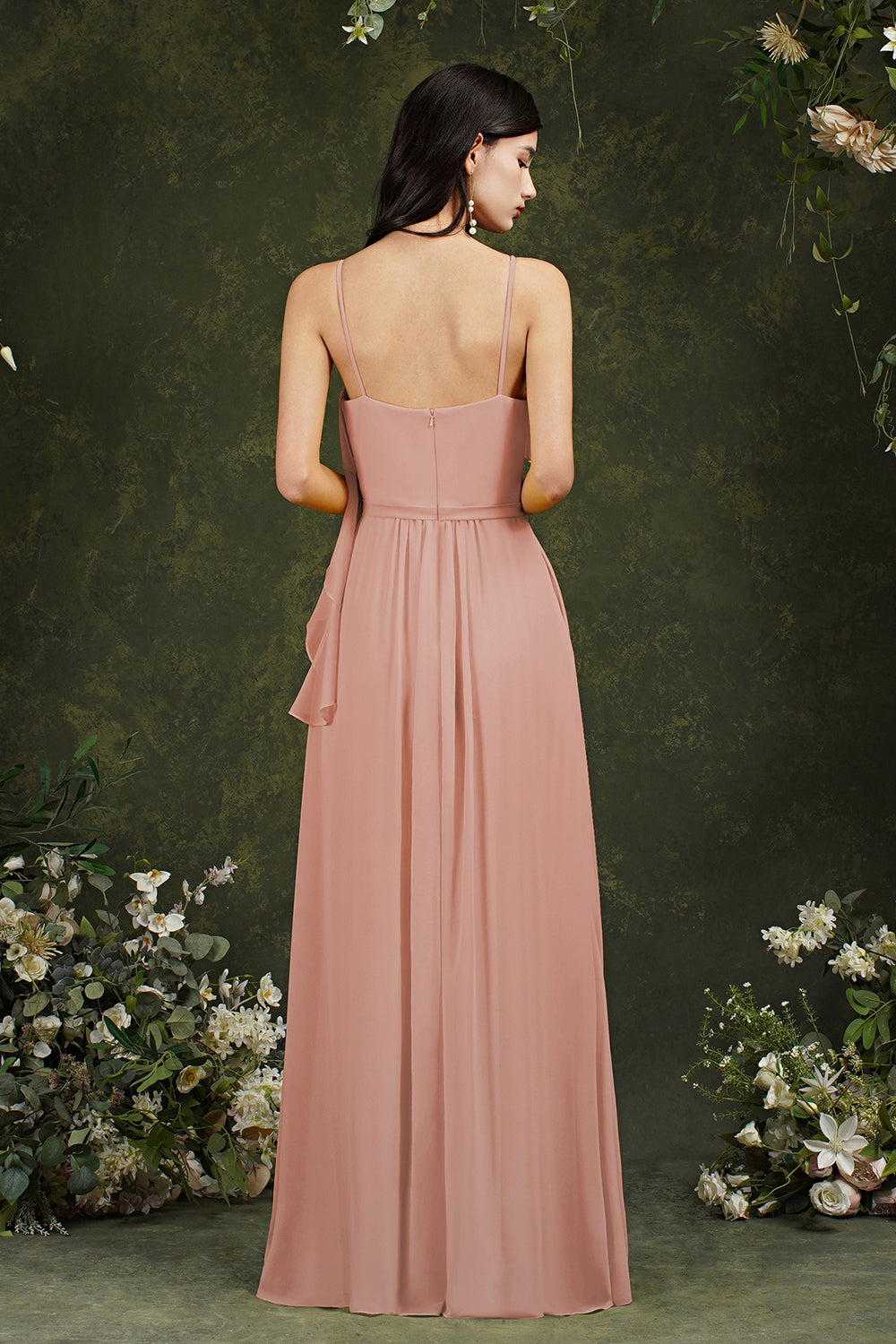 Spaghetti-Straps Bridesmaid Dress Chiffon With Pockets Ruffles-Babyonlines