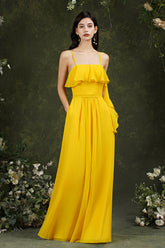 Spaghetti-Straps Bridesmaid Dress Chiffon With Pockets Ruffles-Babyonlines