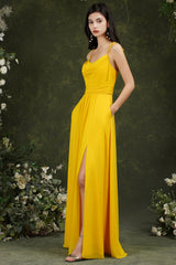 Spaghetti-Straps Bridesmaid Dress Chiffon With Slit-Babyonlines