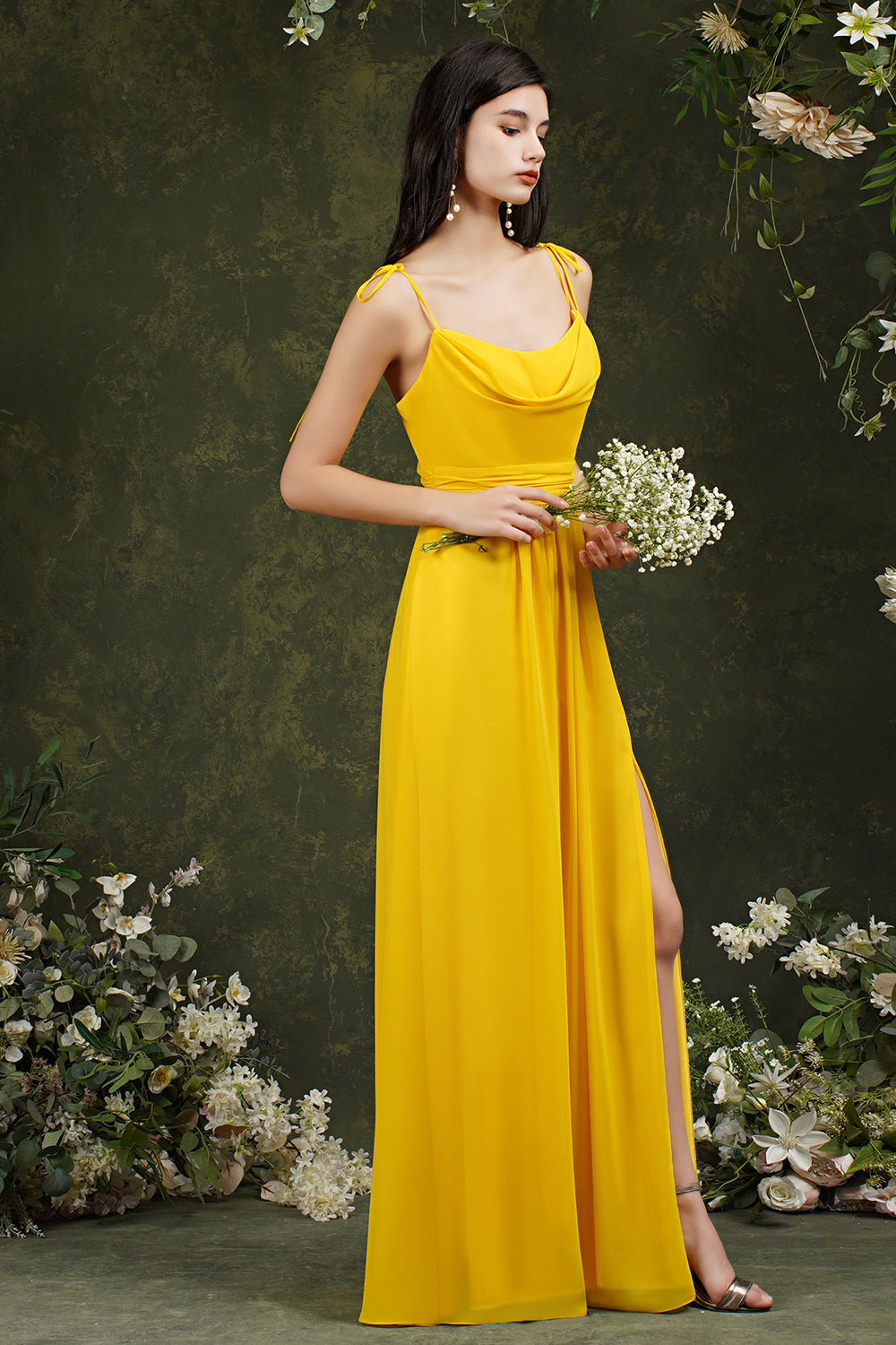 Spaghetti-Straps Bridesmaid Dress Chiffon With Slit-Babyonlines