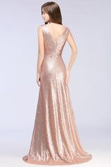 Sparkly Sequined V-Neck Sleeveless Bridesmaid Dress Online-Babyonlines