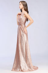 Sparkly Sequined V-Neck Sleeveless Bridesmaid Dress Online-Babyonlines