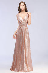 Sparkly Sequined V-Neck Sleeveless Bridesmaid Dress Online-Babyonlines