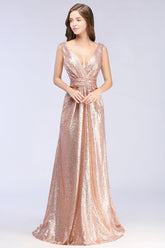 Sparkly Sequined V-Neck Sleeveless Bridesmaid Dress Online-Babyonlines