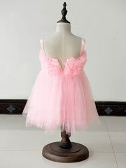 Square Neckline Ball Gown Tulle Flower Girl Dress with Ruffles Knee-length