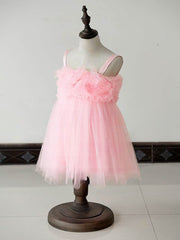 Square Neckline Ball Gown Tulle Flower Girl Dress with Ruffles Knee-length