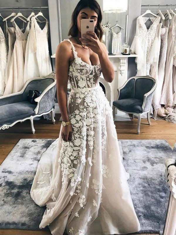 Square Neckline Ball Gown Tulle Wedding Dresses With Appliques Lace and Sweep Train