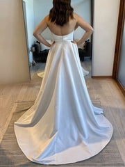 Straight Satin Sweep Train Ball Gown Wedding Dress With Pockets