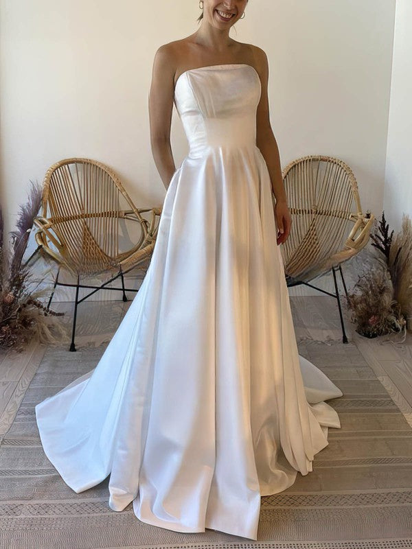 Straight Satin Sweep Train Ball Gown Wedding Dress With Pockets