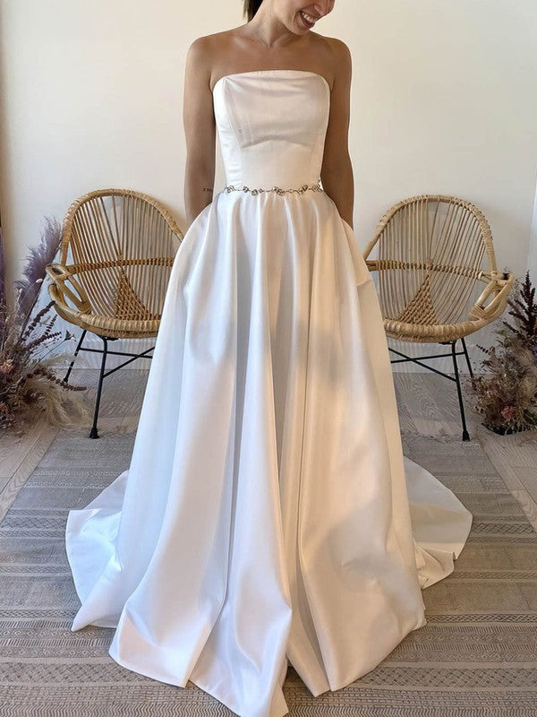 Straight Satin Sweep Train Ball Gown Wedding Dress With Pockets