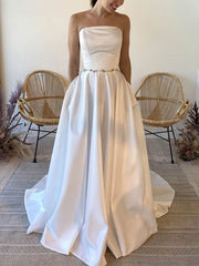 Straight Satin Sweep Train Ball Gown Wedding Dress With Pockets
