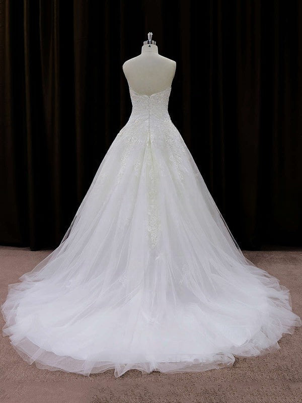 Straight Tulle Court Train Wedding Dress with Appliques Lace for a Ball Gown Look