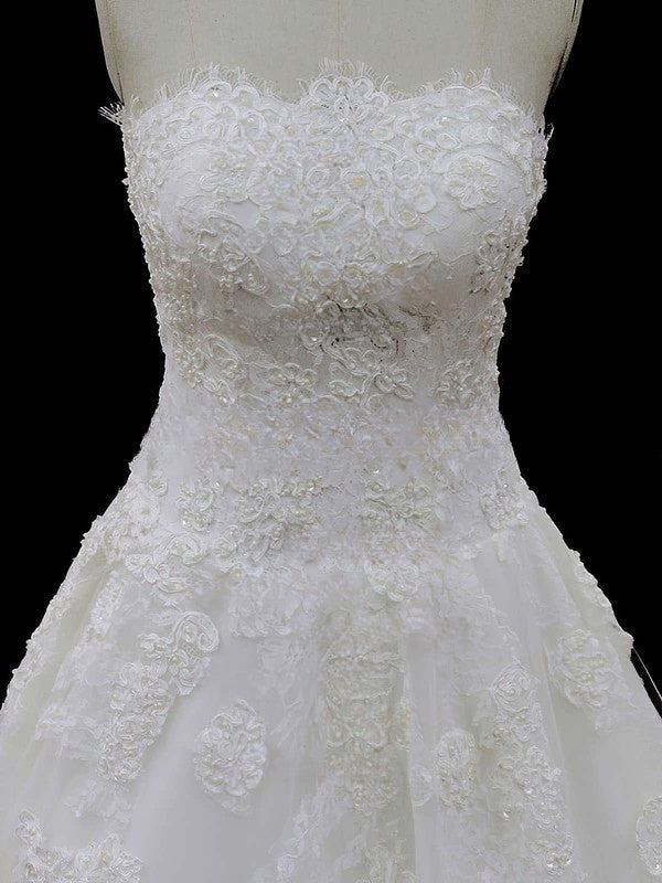 Straight Tulle Court Train Wedding Dress with Appliques Lace for a Ball Gown Look
