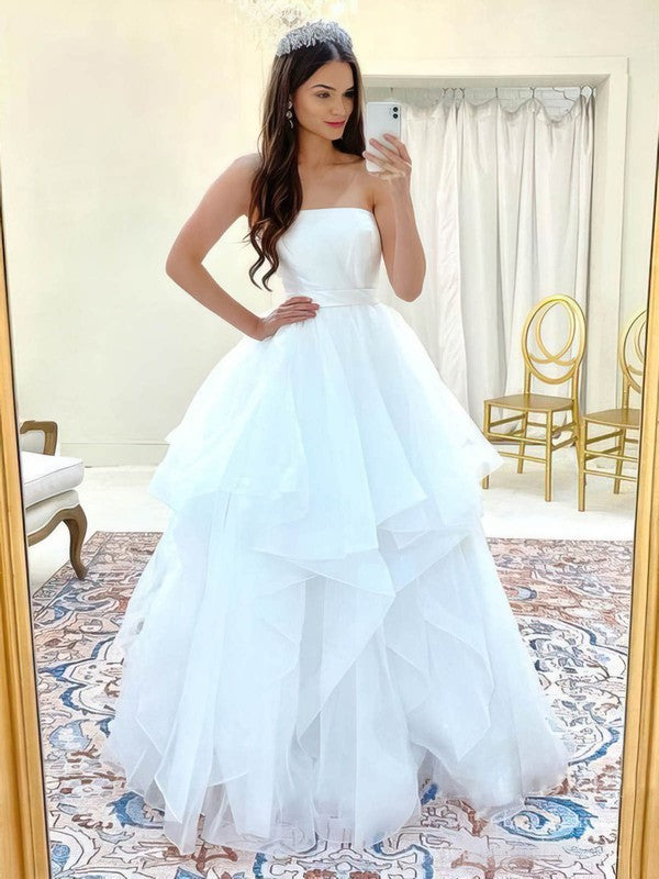 Straight Tulle Floor-length Wedding Dress with Cascading Ruffles