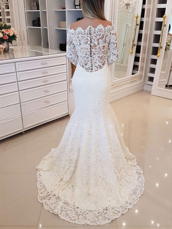 Stunning Lace Trumpet/Mermaid Off-the-shoulder Wedding Dress with Sweep Train
