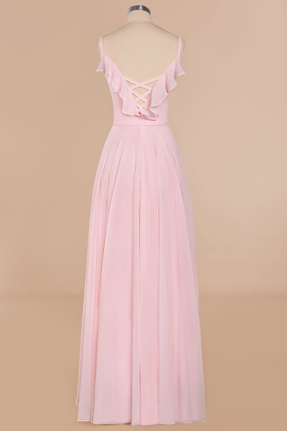 Stylish Draped V-Neck Pink Chiffon Bridesmaid Dress with Spaghetti Straps-Babyonlines