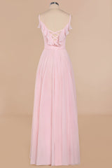 Stylish Draped V-Neck Pink Chiffon Bridesmaid Dress with Spaghetti Straps-Babyonlines
