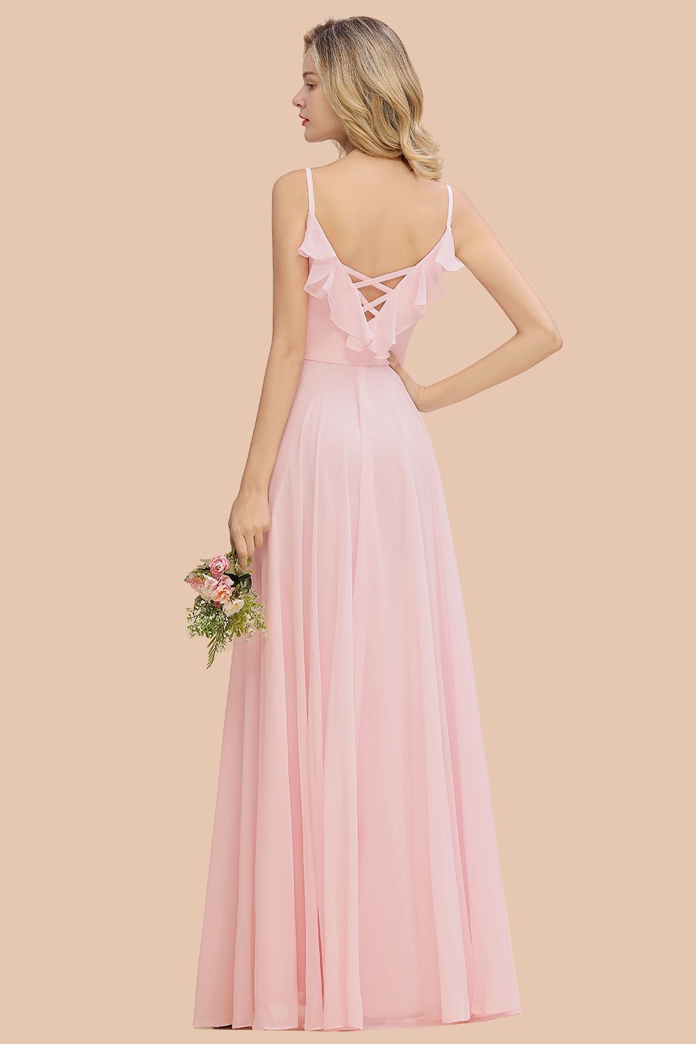 Stylish Draped V-Neck Pink Chiffon Bridesmaid Dress with Spaghetti Straps-Babyonlines