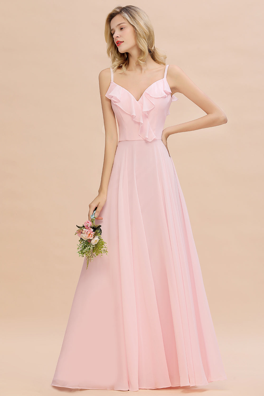 Stylish Draped V-Neck Pink Chiffon Bridesmaid Dress with Spaghetti Straps-Babyonlines