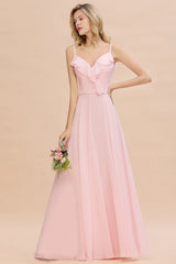 Stylish Draped V-Neck Pink Chiffon Bridesmaid Dress with Spaghetti Straps-Babyonlines