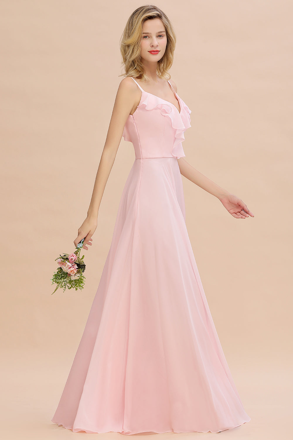 Stylish Draped V-Neck Pink Chiffon Bridesmaid Dress with Spaghetti Straps-Babyonlines