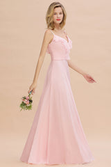 Stylish Draped V-Neck Pink Chiffon Bridesmaid Dress with Spaghetti Straps-Babyonlines