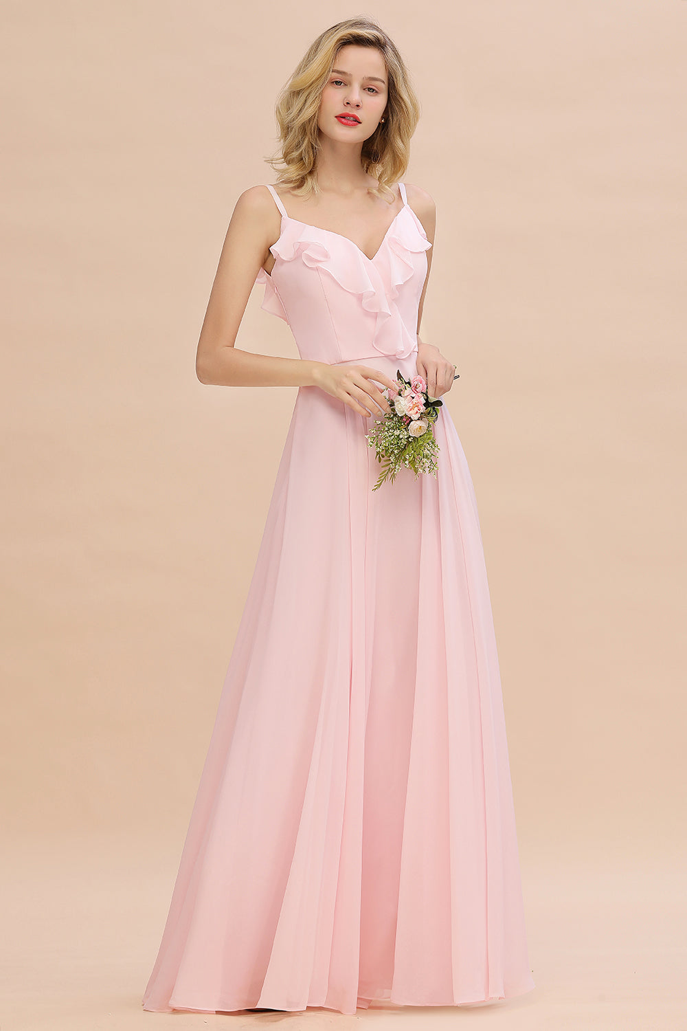 Stylish Draped V-Neck Pink Chiffon Bridesmaid Dress with Spaghetti Straps-Babyonlines