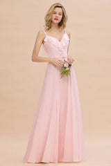Stylish Draped V-Neck Pink Chiffon Bridesmaid Dress with Spaghetti Straps-Babyonlines