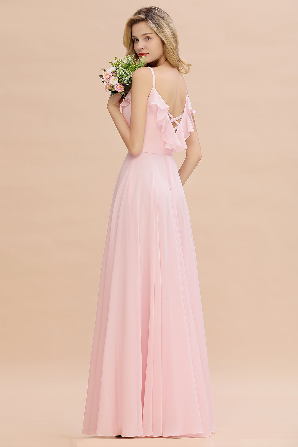 Stylish Draped V-Neck Pink Chiffon Bridesmaid Dress with Spaghetti Straps-Babyonlines