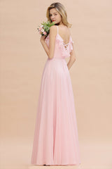 Stylish Draped V-Neck Pink Chiffon Bridesmaid Dress with Spaghetti Straps-Babyonlines
