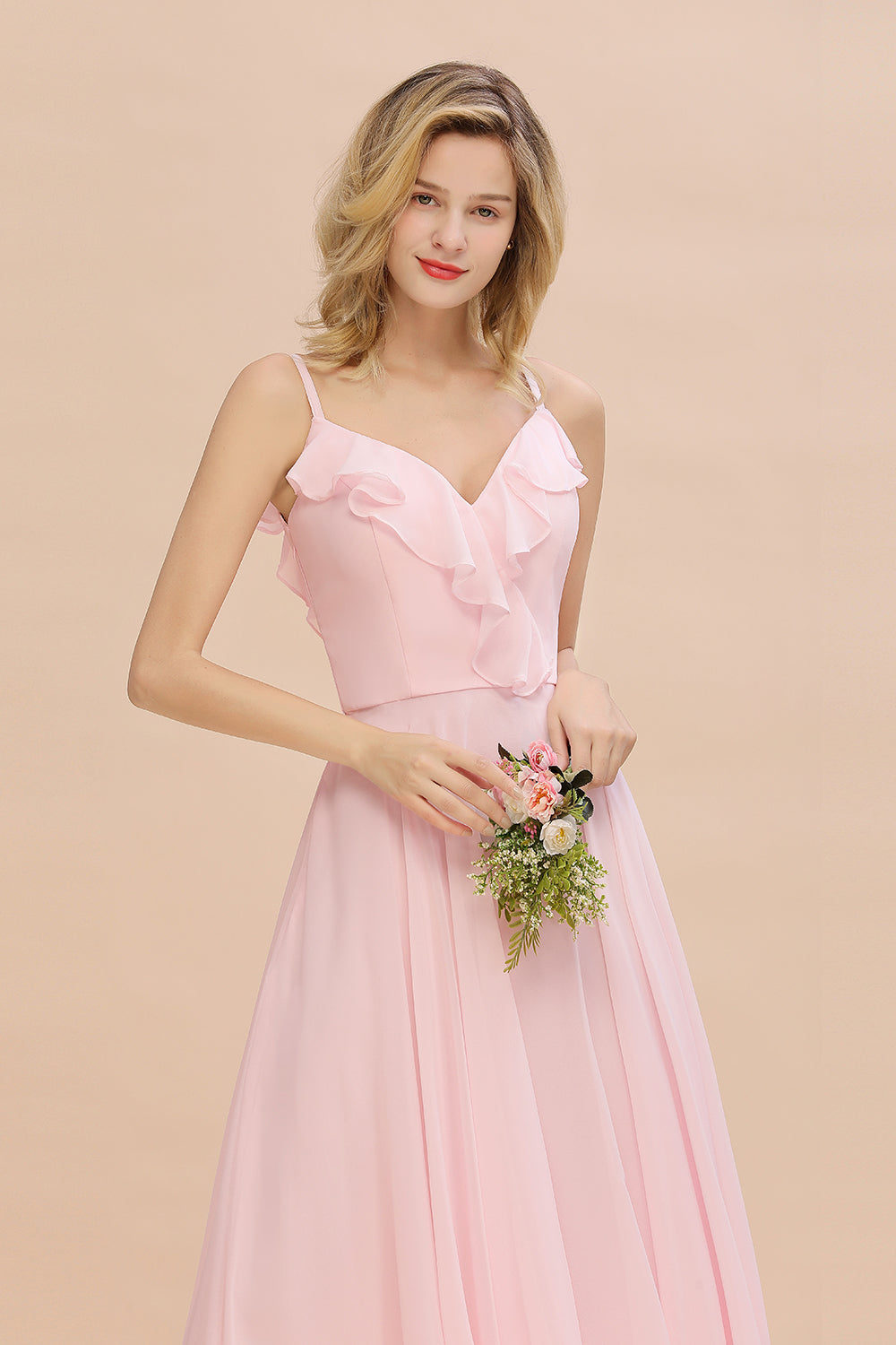 Stylish Draped V-Neck Pink Chiffon Bridesmaid Dress with Spaghetti Straps-Babyonlines