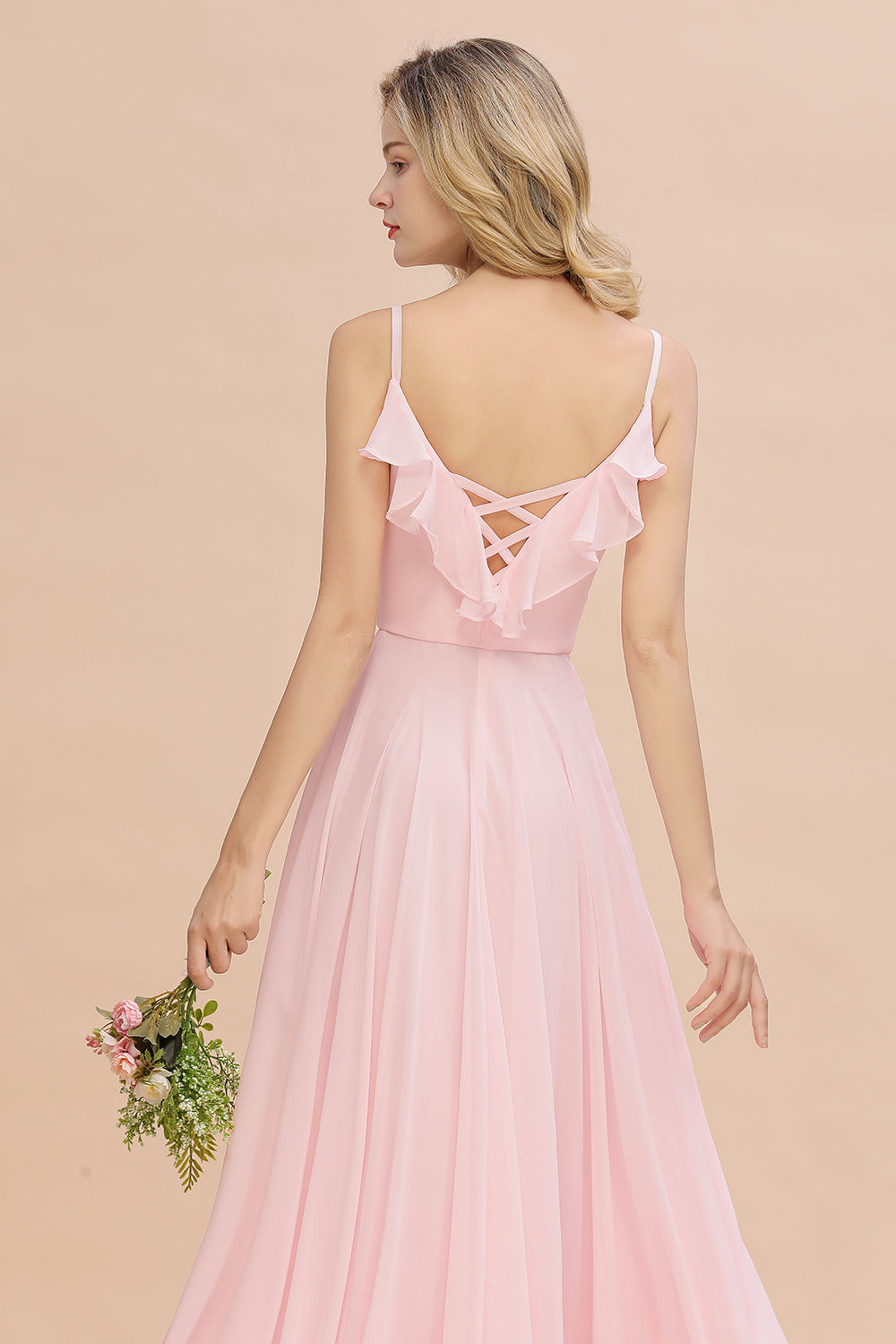 Stylish Draped V-Neck Pink Chiffon Bridesmaid Dress with Spaghetti Straps-Babyonlines