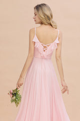 Stylish Draped V-Neck Pink Chiffon Bridesmaid Dress with Spaghetti Straps-Babyonlines