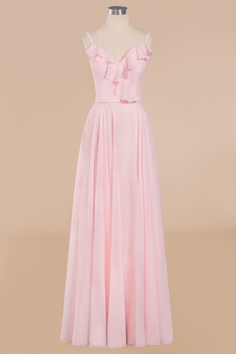 Stylish Draped V-Neck Pink Chiffon Bridesmaid Dress with Spaghetti Straps-Babyonlines
