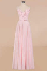 Stylish Draped V-Neck Pink Chiffon Bridesmaid Dress with Spaghetti Straps-Babyonlines