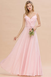 Stylish Draped V-Neck Pink Chiffon Bridesmaid Dress with Spaghetti Straps-Babyonlines