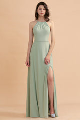 Stylish Jewel Sleeveless Dusty Sage Chiffon Bridesmaid Dress with Ruffles-Babyonlines