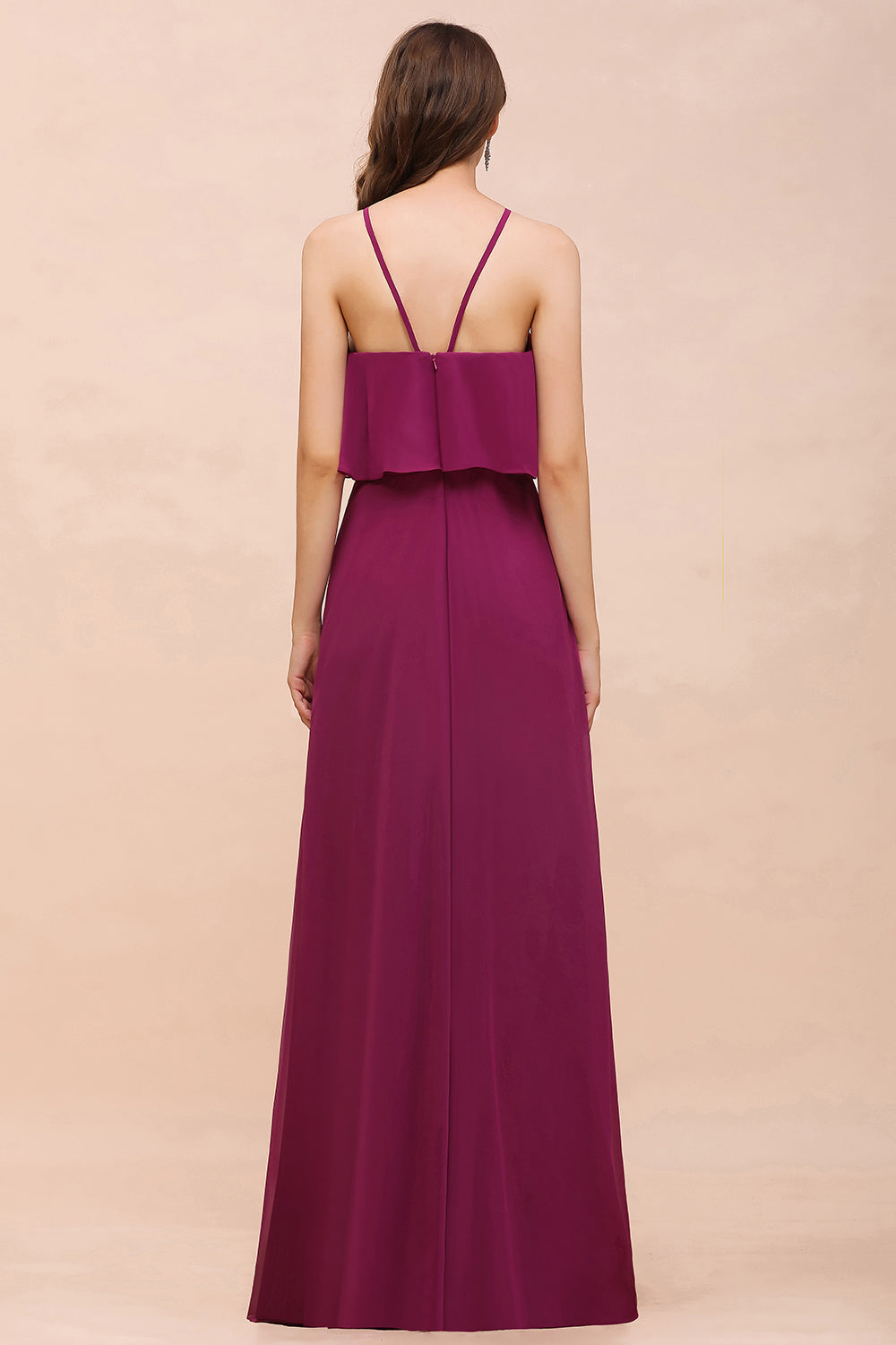 Stylish Spaghetti Straps Mulberry Chiffon Bridesmaid Dress with Ruffles-Babyonlines