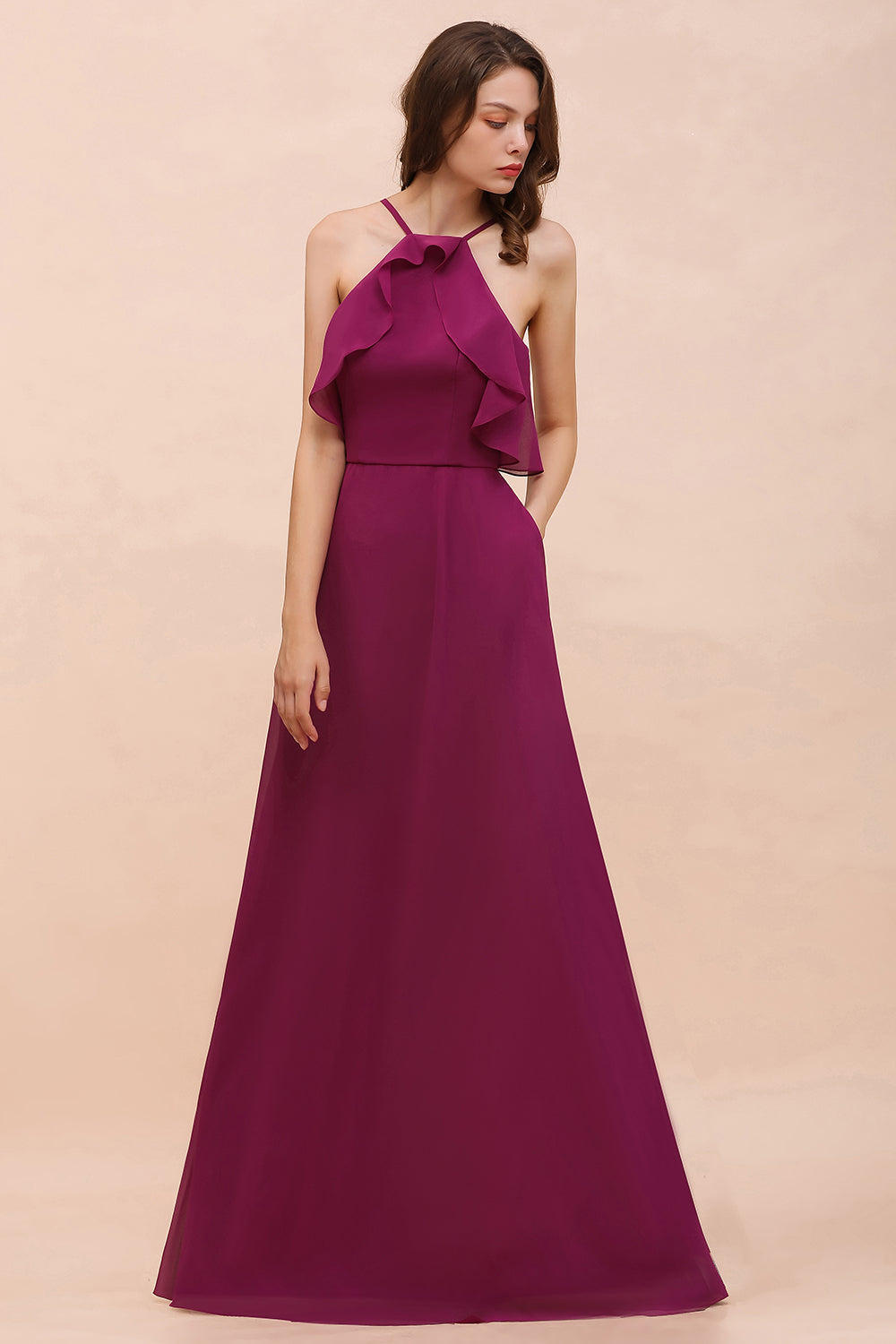 Stylish Spaghetti Straps Mulberry Chiffon Bridesmaid Dress with Ruffles-Babyonlines
