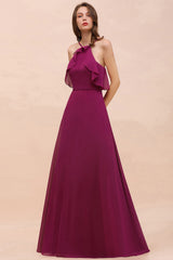 Stylish Spaghetti Straps Mulberry Chiffon Bridesmaid Dress with Ruffles-Babyonlines