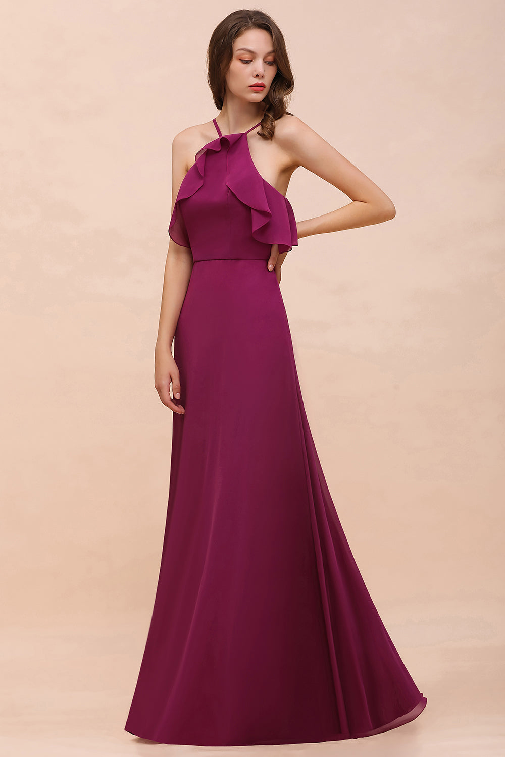 Stylish Spaghetti Straps Mulberry Chiffon Bridesmaid Dress with Ruffles-Babyonlines