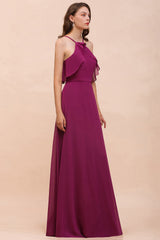 Stylish Spaghetti Straps Mulberry Chiffon Bridesmaid Dress with Ruffles-Babyonlines