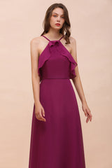 Stylish Spaghetti Straps Mulberry Chiffon Bridesmaid Dress with Ruffles-Babyonlines